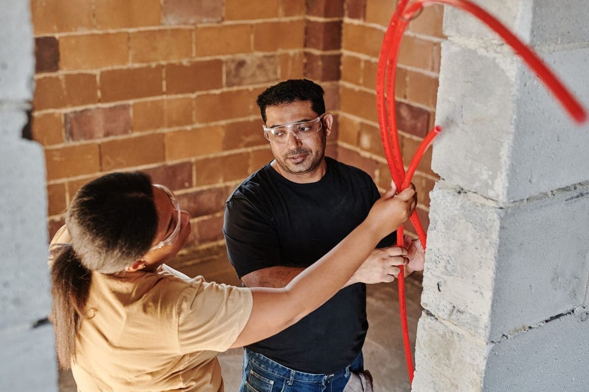 Dos operarios con gafas de protección pasando un tubo rojo de fontanería por una pared de bloque