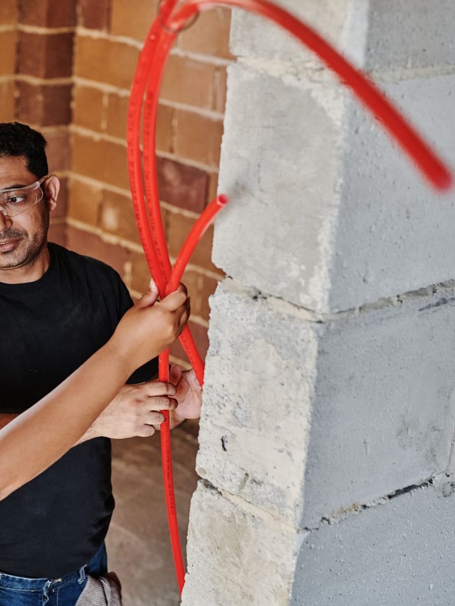 Dos operarios con gafas de protección pasando un tubo rojo de fontanería por una pared de bloque